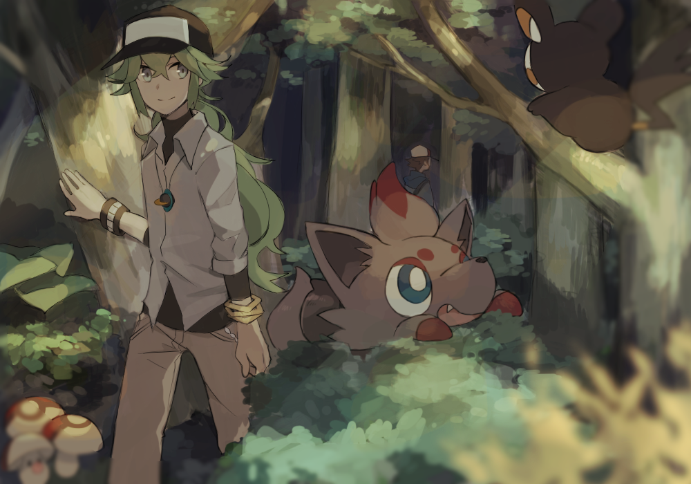 2boys bangs baseball_cap blue_eyes bracelet brown_hair bush chain collared_shirt emolga fang foongus forest from_behind green_hair hair_between_eyes hat hood jewelry khakis layered_clothing linaria_(ookinahitomi) long_hair looking_at_another male_focus multiple_boys n_(pokemon) nature necklace outdoors plant pokemon pokemon_(creature) pokemon_(game) pokemon_bw ponytail shirt smile touya_(pokemon) tree turtleneck zorua