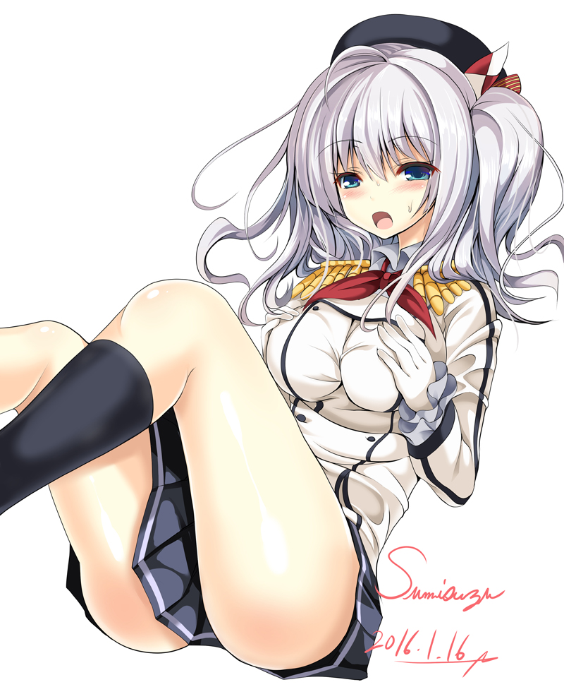 1girl artist_name beret black_legwear blue_eyes breasts dated epaulettes gloves grey_eyes hands_on_own_chest hat kantai_collection kashima_(kantai_collection) kneehighs large_breasts looking_at_viewer military military_uniform miniskirt open_mouth pleated_skirt silver_hair simple_background sitting skirt solo sumisuzu twintails uniform wavy_hair white_background white_gloves