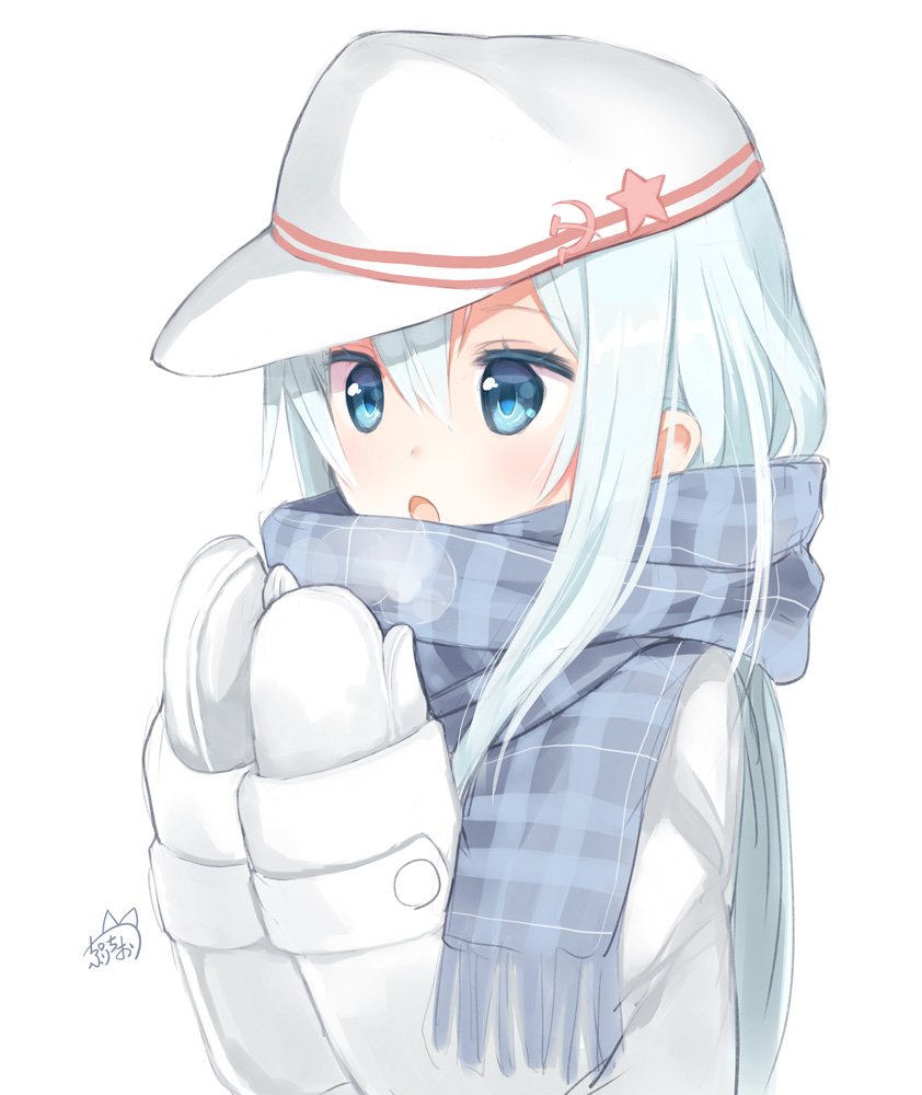 1girl blowing_on_hands blue_eyes breath cold hammer_and_sickle hat hibanar hibiki_(kantai_collection) kantai_collection long_hair long_sleeves mittens open_mouth plaid plaid_scarf scarf silver_hair solo upper_body verniy_(kantai_collection) winter_clothes