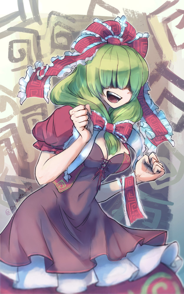1girl adapted_costume alternate_costume arm_ribbon blurry breasts brown_dress cleavage clenched_hands dress green_hair hair_over_eyes hair_ribbon hands_up kagiyama_hina layered_dress long_hair oo_gata_ken open_mouth patterned_background puffy_short_sleeves puffy_sleeves red_dress ribbon shiny shiny_hair short_sleeves smile solo teeth tongue touhou white_dress