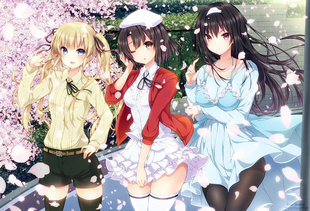 3girls :d bangs belt black_hair black_legwear black_ribbon blonde_hair blue_dress blue_eyes bob_cut breast_hold breasts brick_wall brown_hair bush center_frills cleavage collared_shirt cowboy_shot dress dress_shirt fence floating_hair floral_print frills hair_ribbon hair_tucking hairband hand_in_hair hand_on_hip hand_on_own_head hand_up hat head_tilt jacket kabocha_usagi kasumigaoka_utaha katou_megumi legs_apart legs_together long_hair long_sleeves looking_at_viewer multiple_girls neck_ribbon one_eye_closed open_\m/ open_clothes open_jacket open_mouth orange_eyes outdoors pantyhose petals red_eyes red_jacket ribbon saenai_heroine_no_sodatekata sawamura_spencer_eriri shirt shorts skirt skirt_tug sleeves_past_elbows smile spring_(season) thigh-highs twintails upskirt utility_pole_(object) white_hat white_legwear white_skirt wind yellow_shirt