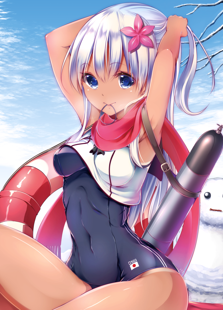 1girl :&gt; adjusting_hair arm_behind_head armpits arms_up bangs belt blue_eyes blue_sky breath clouds covered_navel crop_top eyebrows eyebrows_visible_through_hair flower fringe hair_flower hair_ornament hair_tie holding_hair japanese_flag kantai_collection lifebuoy mouth_hold one-piece_tan outdoors pink_flower pink_scarf ro-500_(kantai_collection) scarf school_swimsuit silver_hair sitting sky sleeveless snow snowman solo suitenjh swimsuit swimsuit_under_clothes tan tanline torpedo tree tying_hair winter