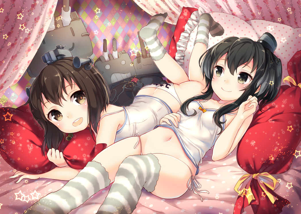 2girls ass bed black_hair brown_eyes brown_hair canopy_bed chemise collarbone grey_eyes headgear kantai_collection legs_up looking_at_viewer lying multiple_girls navel nunucco on_back on_stomach open_mouth panties pillow pillow_hug rensouhou-chan rensouhou-kun side-tie_panties small_breasts smile striped striped_legwear thigh-highs tokitsukaze_(kantai_collection) underwear white_panties yukikaze_(kantai_collection)