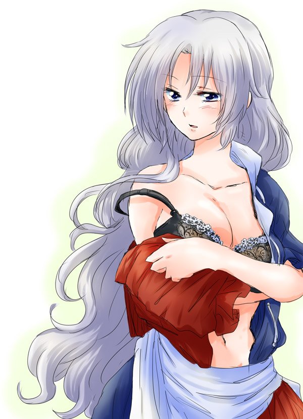 1girl blue_eyes blush bra breasts cleavage commentary_request long_hair navel no_hat open_clothes open_mouth open_shirt shirt silver_hair solo strap_slip touhou underwear undressing unya yagokoro_eirin