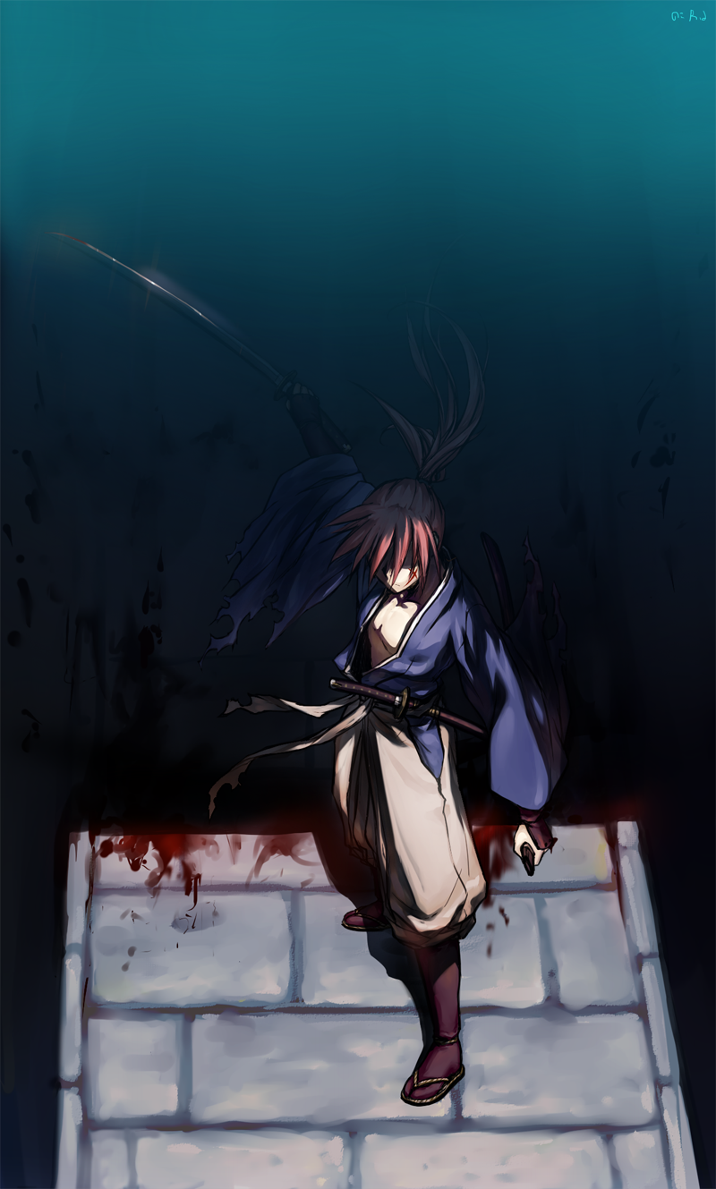 1boy blood bridge from_above full_body highres himura_kenshin japanese_clothes long_hair male_focus ponytail redhead rugiadian rurouni_kenshin sandals scar_on_cheek shaded_face sheath signature solo sword weapon