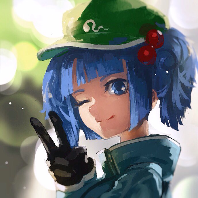 1girl blue_eyes blue_hair hair_bobbles hair_ornament hat kaatoso kawashiro_nitori one_eye_closed short_hair smile solo touhou twintails two_side_up v