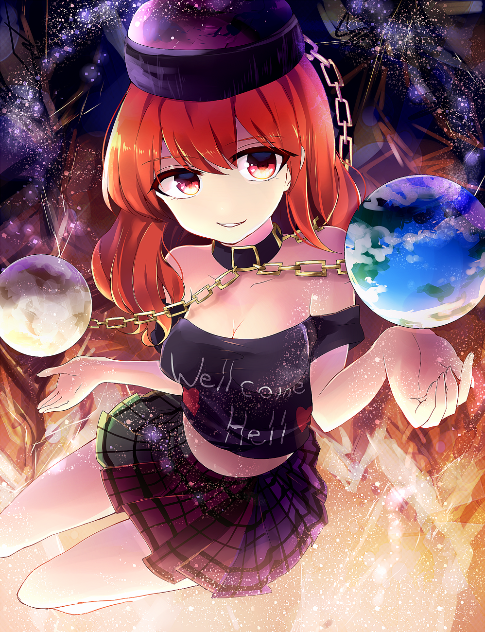 1girl bare_shoulders chain clothes_writing collar earth_(ornament) embers fire hat hecatia_lapislazuli highres itsumizu long_hair moon_(ornament) red_eyes redhead shirt skirt smile solo t-shirt touhou