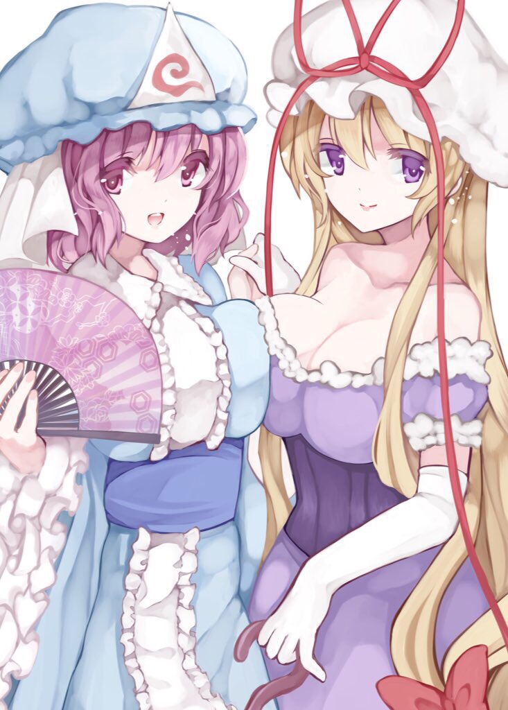 2girls bangs blonde_hair bow breast_press breasts cleavage colored_eyelashes corset dress elbow_gloves error fan folding_fan frilled_kimono frills gloves hair_between_eyes hair_bow hair_over_shoulder hands_together hat hat_ribbon interlocked_fingers japanese_clothes kikkoumon kimono large_breasts light_particles light_smile long_hair looking_at_viewer mob_cap multiple_girls nail_polish obi open_mouth pink_eyes pink_hair pink_nails purple_dress ribbon sachi_(artist) saigyouji_yuyuko sash shippou_(pattern) short_sleeves simple_background strapless_dress symmetrical_docking teeth touhou triangular_headpiece veil very_long_hair violet_eyes white_background white_gloves wide_sleeves yakumo_yukari