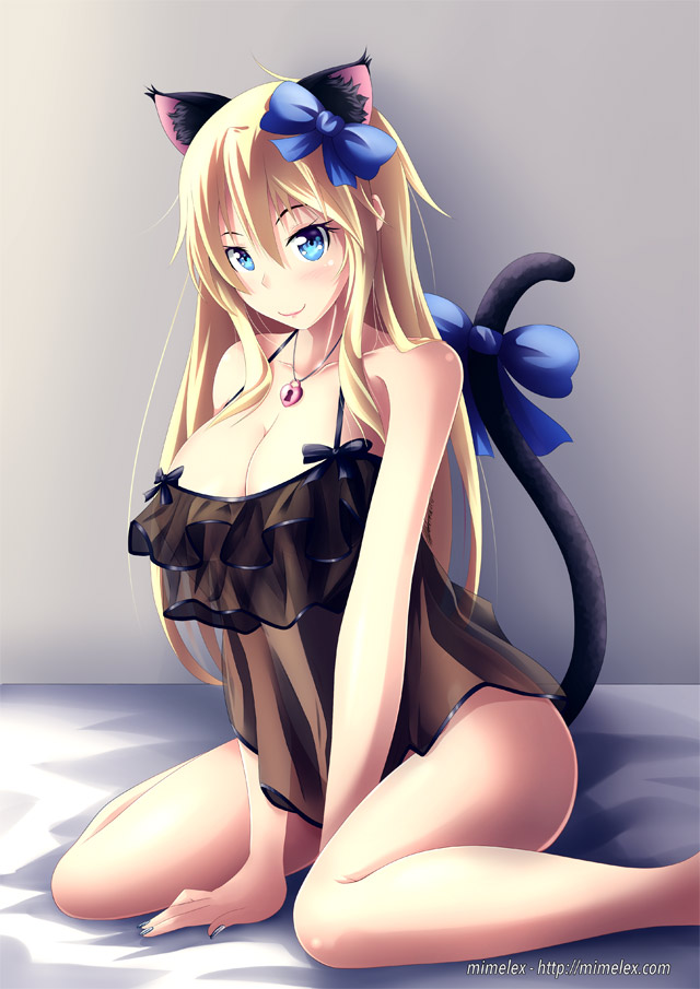 1girl alternate_costume animal_ears artist_name bismarck_(kantai_collection) black_bow blonde_hair blue_bow blush bow breasts cat_ears cat_tail cleavage collarbone hair_bow kantai_collection long_hair mimelex nail_polish on_bed pink_lips sitting sleeveless smile solo tail tail_bow wariza watermark web_address