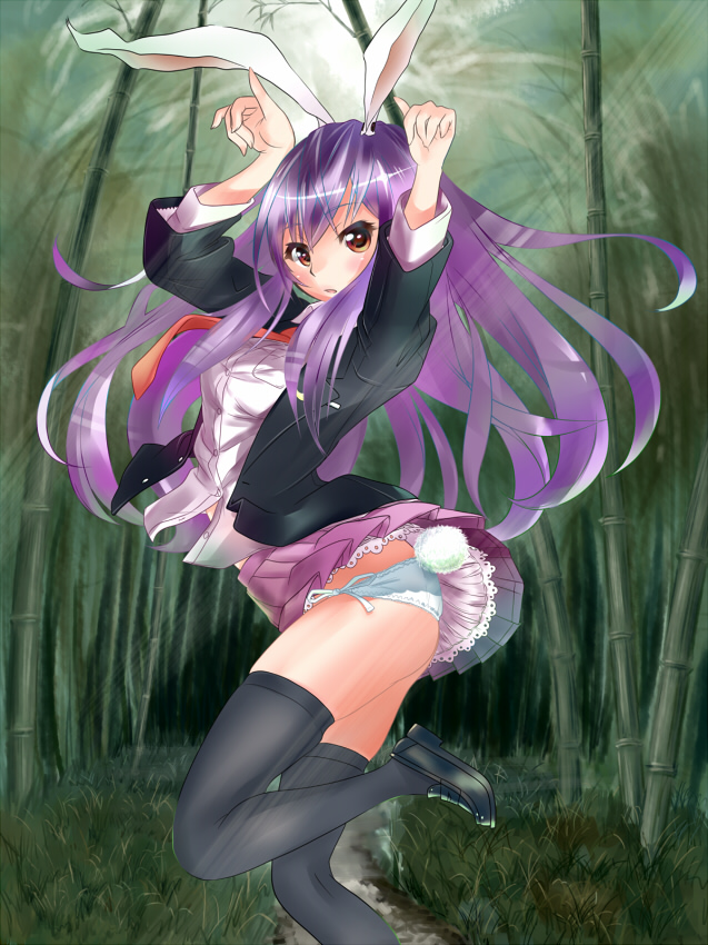 animal_ears artist_request bamboo bamboo_forest bunny_pose bunny_tail forest frilled_skirt frills long_hair nature panties purple_hair rabbit_ears red_eyes red_tie reisen_udongein_inaba shirt shoes side-tie_panties skirt tail thigh-highs touhou underwear white_panties wind_lift