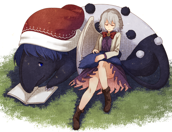 1girl animalization baku_(creature) blue_eyes blue_hair book boots bowtie closed_eyes doremy_sweet doremy_sweet_(baku) dress full_body hat jacket kishin_sagume long_sleeves nightcap open_book short_hair silver_hair single_wing sitting sleeping smile tail touhou urin wings