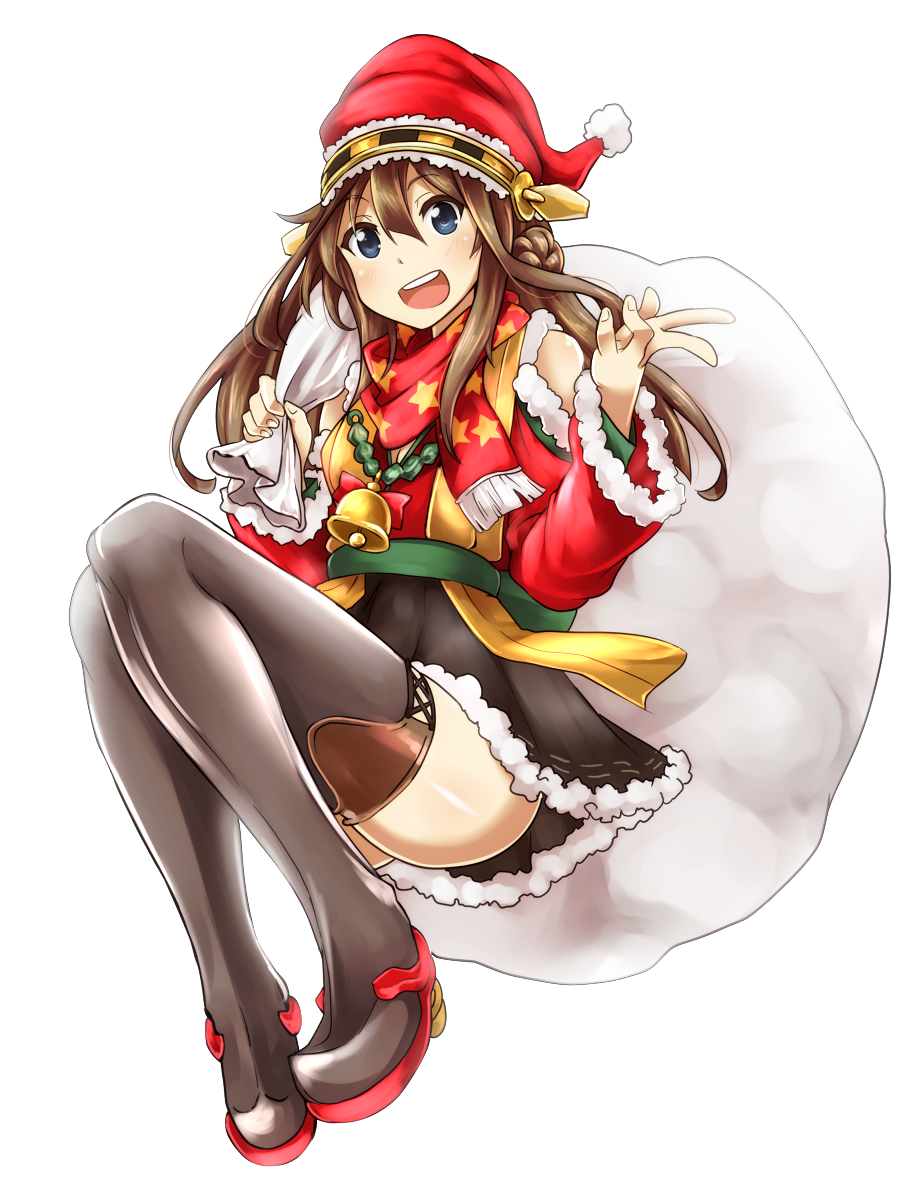 bell blue_eyes brown_hair double_bun hat highres kantai_collection kongou_(kantai_collection) long_hair looking_at_viewer open_mouth sack santa_costume santa_hat simple_background skirt smile thigh-highs tom_(drpow) white_background