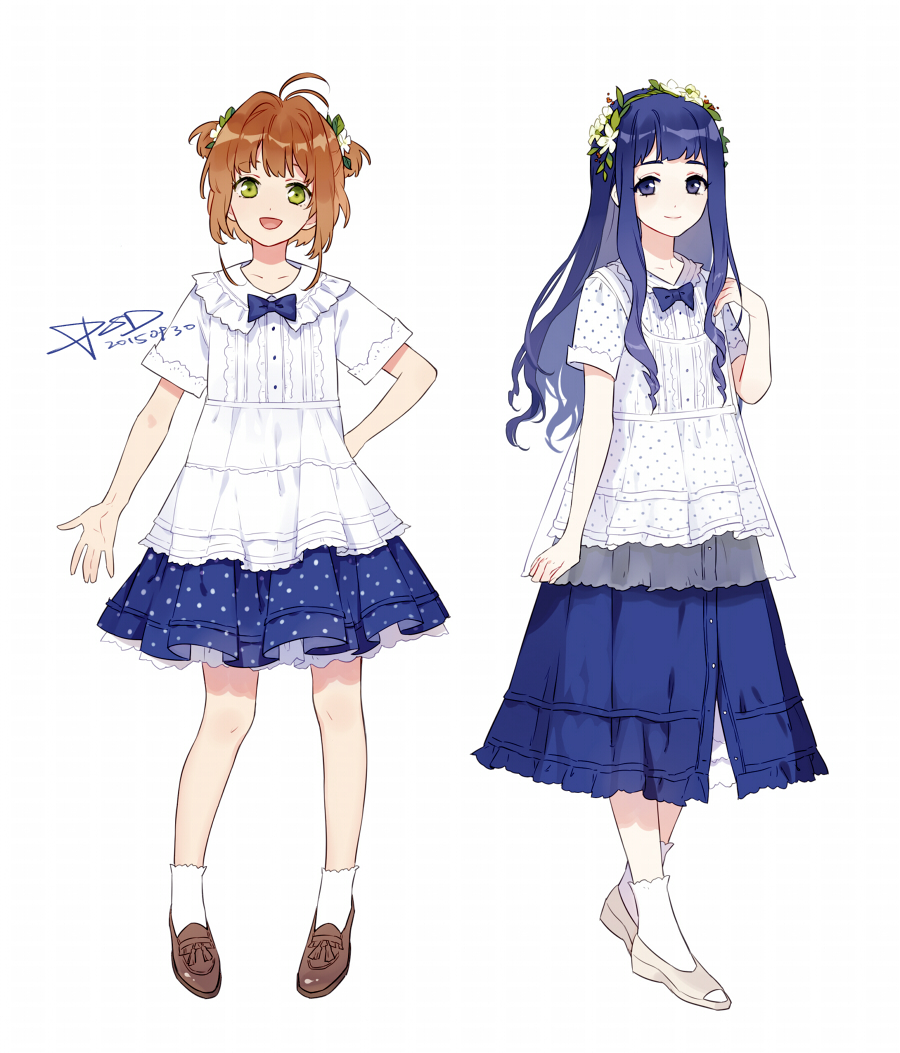 2015 2girls :d alternate_costume antenna_hair arm_at_side artist_name bangs blue_bowtie blue_eyes blue_hair blue_skirt brown_hair brown_shoes buttons cardcaptor_sakura casual closed_mouth daidouji_tomoyo dated dress flower frills full_body green_eyes hair_flower hair_ornament hand_on_hip kinomoto_sakura lace-trimmed_sleeves legs_apart long_hair looking_at_viewer multiple_girls open_mouth polka_dot_blouse polka_dot_skirt psd see-through shoes short_hair short_sleeves signature simple_background skirt sleeves_folded_up smile socks standing two_side_up unbuttoned white_background white_blouse white_flower white_legwear