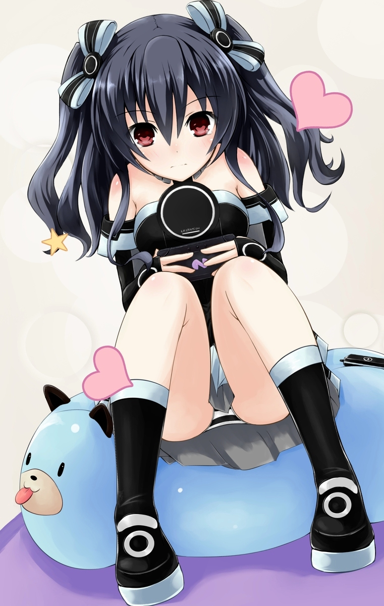 1girl bare_shoulders black_hair blush dogoo elbow_gloves game_console gloves hair_ornament handheld_game_console heart highres long_hair neptune_(series) playing_games red_eyes sitting solo tongue tongue_out uni_(choujigen_game_neptune)