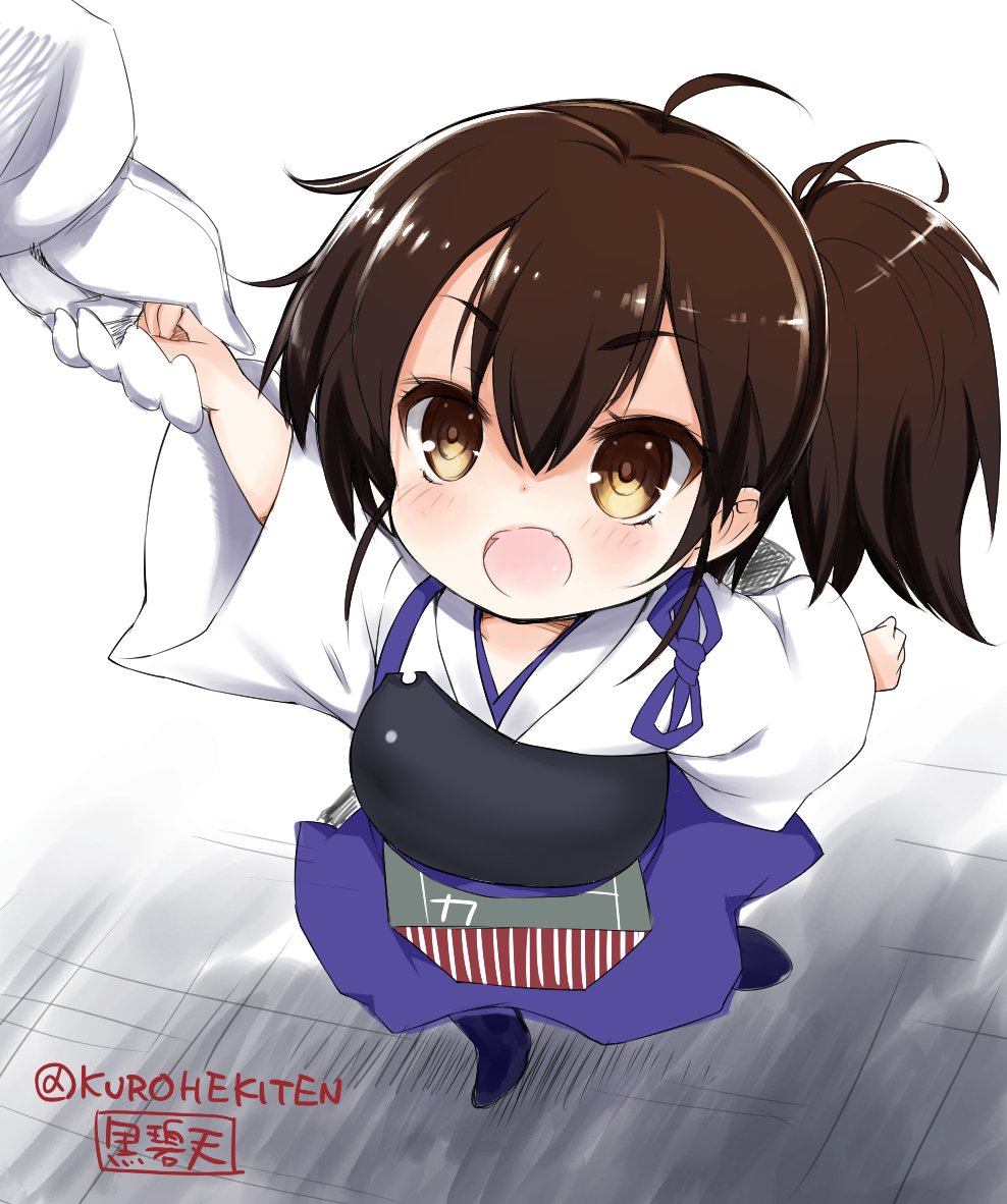 admiral_(kantai_collection) brown_eyes brown_hair japanese_clothes kaga_(kantai_collection) kantai_collection kurohekiten mecha_musume military military_uniform muneate naval_uniform open_mouth personification side_ponytail tagme tasuki uniform world_war_ii younger