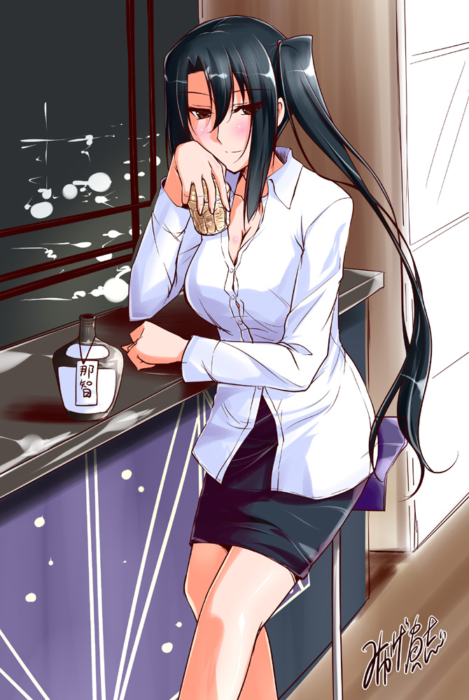 1girl alcohol bar black_hair breasts brown_eyes cleavage cup kantai_collection looking_at_viewer mikage_takashi nachi_(kantai_collection) side_ponytail sitting skirt smile solo stool translation_request