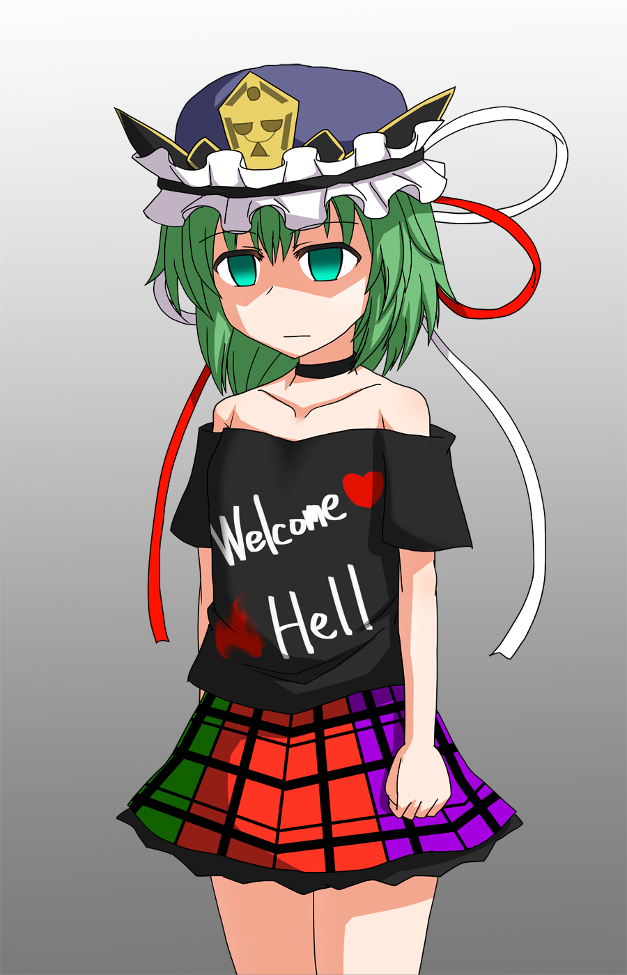 1girl artist_request bare_shoulders choker clenched_hands commentary_request empty_eyes english green_eyes green_hair heart hecatia_lapislazuli hecatia_lapislazuli_(cosplay) highres shaded_face shiki_eiki skirt solo touhou