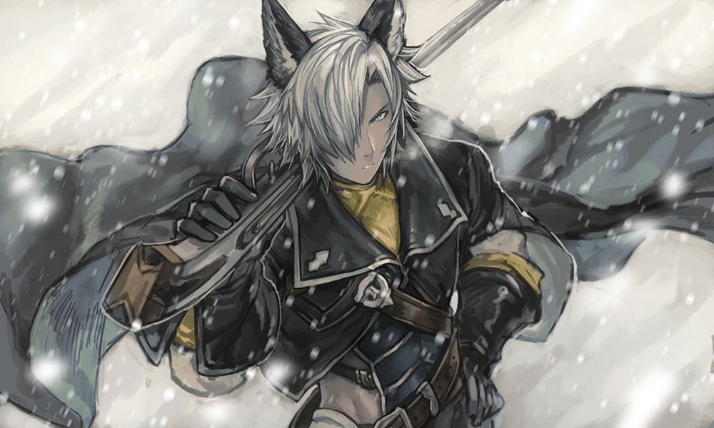 1boy animal_ears belt black_gloves blue_eyes buckle cape carrying_over_shoulder character_request cropped_jacket from_above gloves granblue_fantasy gun hair_over_one_eye holding_weapon looking_at_viewer male_focus motion_blur outdoors over_shoulder rifle snow snowing solo upper_body weapon weapon_over_shoulder white_hair wind zinnkousai3850