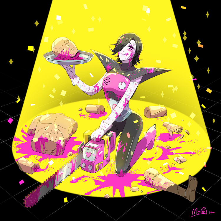 1boy :q android black_background black_hair chainsaw confetti grey_skin hair_over_one_eye hato_moa heart heart-shaped_pupils holding_tray kneeling mannequin mettaton mettaton-ex pink_blood signature solo sparkle spotlight symbol-shaped_pupils tongue tongue_out undertale violet_eyes