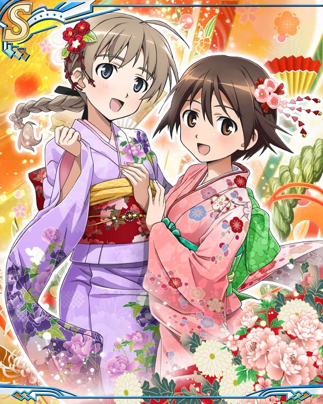 2girls ahoge artist_request blue_eyes braid brown_eyes brown_hair card_(medium) hair_ornament japanese_clothes kanzashi kimono lynette_bishop miyafuji_yoshika multiple_girls official_art short_hair single_braid strike_witches trading_card