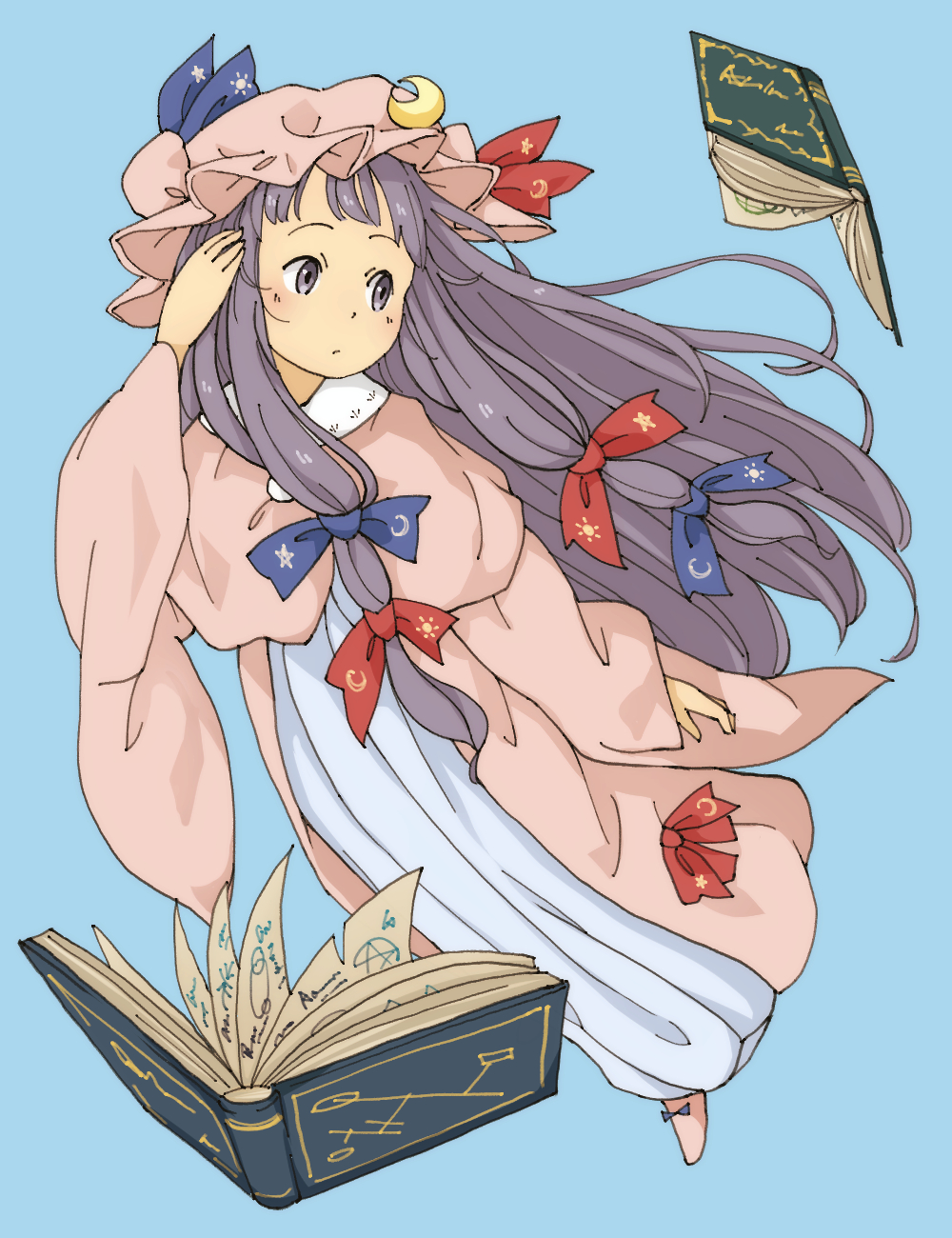 1girl blue_dress blush book capelet chii-kun_(seedyoulater) crescent_moon_pin dress expressionless full_body hair_ribbon hand_in_hair hat hat_ornament highres long_hair long_sleeves looking_to_the_side mob_cap moon_print open_book patchouli_knowledge pink_clothes pink_hat pink_shoes purple_hair ribbon shoes sidelocks solo star_print touhou tress_ribbon very_long_hair violet_eyes wide_sleeves wind