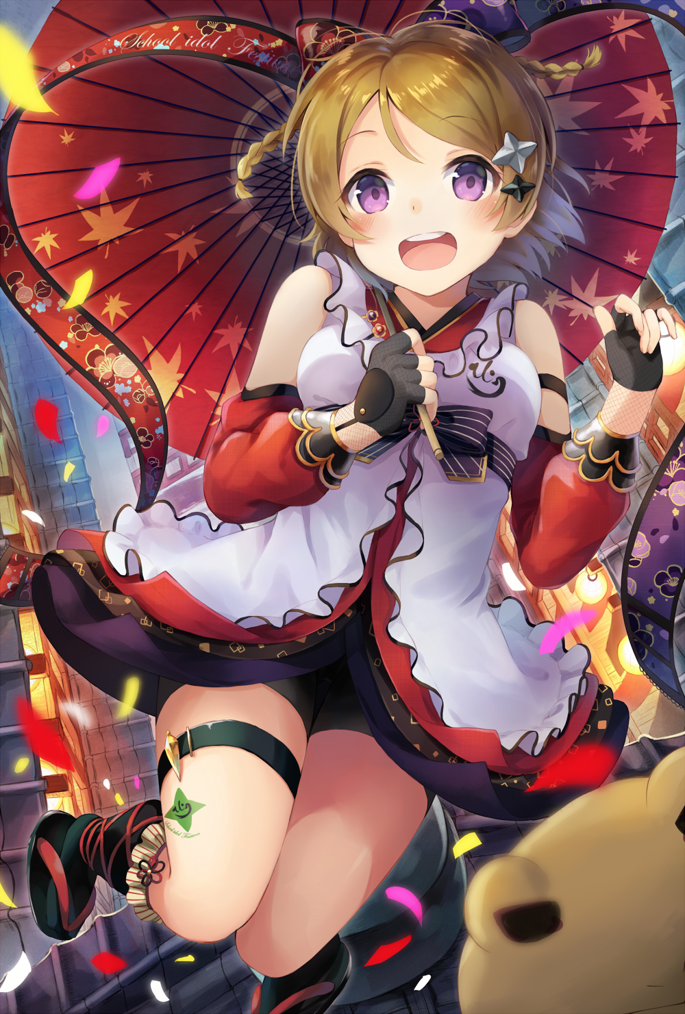 1girl bike_shorts brown_hair detached_sleeves fingerless_gloves gloves hair_ornament highres koizumi_hanayo love_live!_school_idol_project nononon open_mouth oriental_umbrella short_hair smile solo star_hair_ornament thigh_strap umbrella violet_eyes