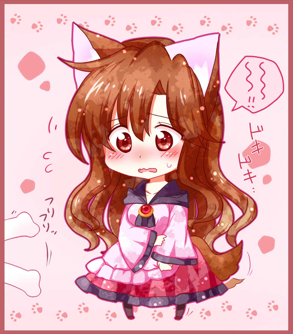 1girl animal_ears blush bone brooch brown_hair chibi collarbone dress imaizumi_kagerou jewelry kuroshiroduet long_sleeves open_mouth red_eyes solo speech_bubble sweatdrop tail tail_wagging touhou translation_request wavy_mouth wide_sleeves wolf_ears wolf_tail