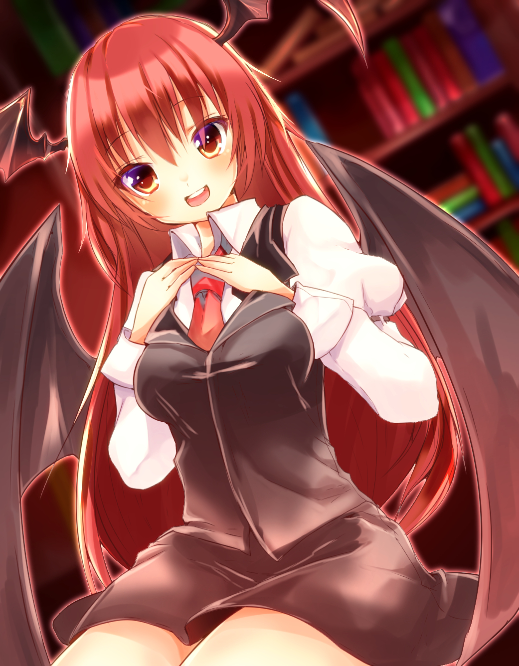 1girl armband aura bangs black_skirt black_vest book bookshelf breasts brown_eyes collared_shirt commentary demon_wings eyes_visible_through_hair fingers_together gradient_eyes highres koakuma long_hair looking_at_viewer multicolored_eyes necktie red_necktie redhead reflective_eyes shirt sitting skirt solo thighs touhou varyu very_long_hair violet_eyes white_shirt wings yellow_eyes