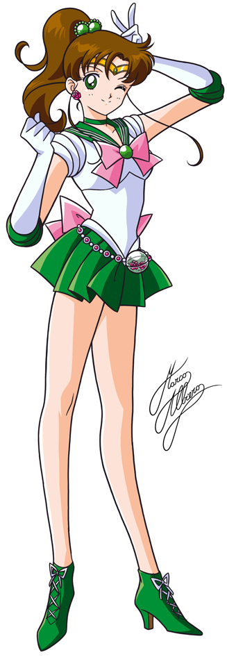 1girl ankle_boots bishoujo_senshi_sailor_moon boots bow brooch brown_hair choker earrings elbow_gloves flower_earrings full_body gloves green_boots green_eyes green_skirt hair_bobbles hair_ornament jewelry kino_makoto looking_at_viewer magical_girl marco_albiero one_eye_closed pink_bow pleated_skirt ponytail sailor_collar sailor_jupiter short_hair signature skirt smile solo standing tiara white_background white_gloves