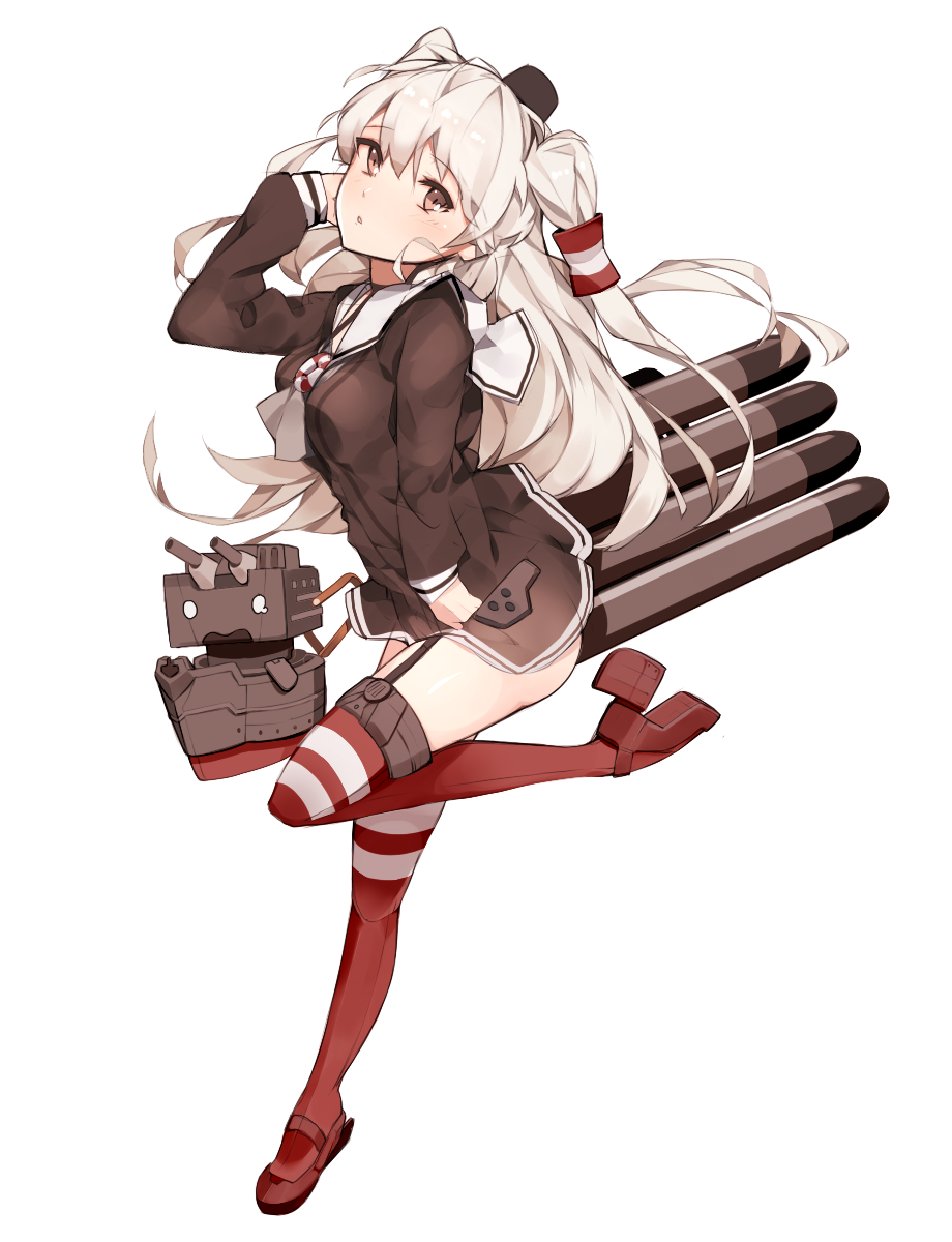 1girl amatsukaze_(kantai_collection) breasts brown_dress brown_eyes dress garter_straps hair_tubes hand_behind_head highres hona_(pixiv7939518) kantai_collection leg_up long_hair looking_at_viewer machinery o_o red_legwear rensouhou-kun sailor_collar sailor_dress short_dress silver_hair simple_background small_breasts striped striped_legwear tears thigh-highs torpedo two_side_up white_background windsock