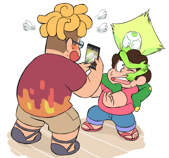 1girl 2boys ;o afro barefoot_sandals blonde_hair brown_hair cellphone curly_hair denim flip-flops fume glasses green_skin grimace jeans looking_up monster multiple_boys one_eye_closed open_mouth outstretched_arms pants pants_rolled_up peridot_(steven_universe) phone ronaldo_fryman sandals shirt shorts simple_background smartphone smile standing steven_quartz_universe steven_universe sweat sweatdrop t-shirt taking_picture teeth visor white_background