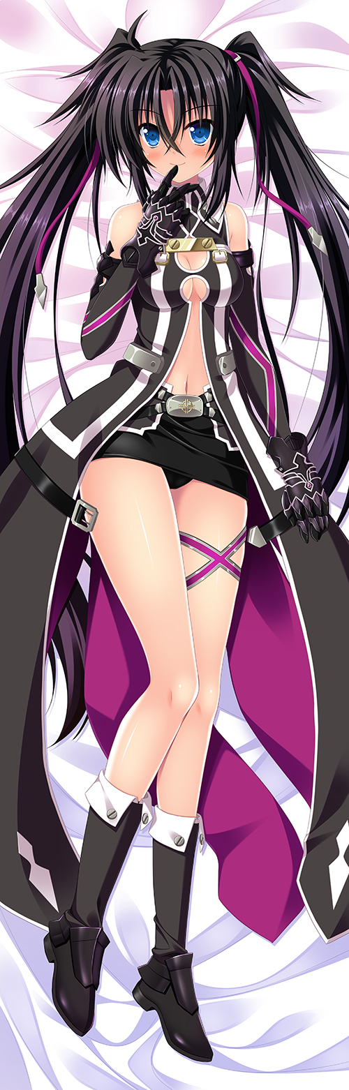 1girl black_boots black_gloves black_hair black_panties black_skirt blue_eyes blush boots breasts cleavage cleavage_cutout dakimakura detached_sleeves endori finger_to_mouth gloves highres long_hair lying lyrical_nanoha mahou_shoujo_lyrical_nanoha_vivid miniskirt on_back panties sieglinde_jeremiah skirt smile solo thigh_strap twintails underwear very_long_hair