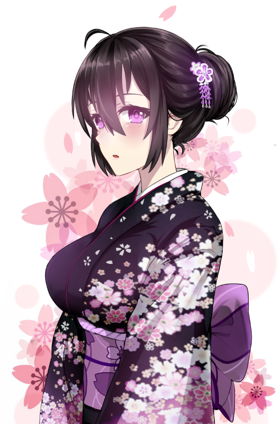 ahoge alternate_hairstyle antenna_hair beifeng_han black_hair breasts cherry_blossoms floral_print from_side hair_between_eyes hair_up japanese_clothes large_breasts looking_at_viewer miyaura_sanshio obi open_mouth original purple_clothes sash v_arms violet_eyes