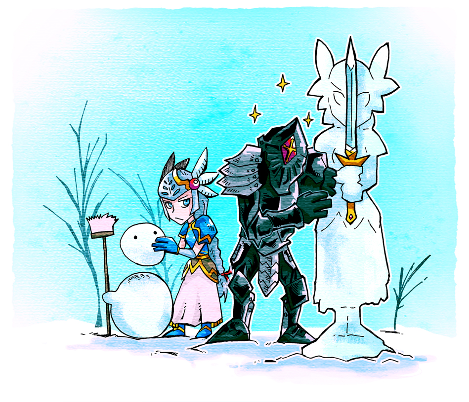 1boy 1girl armor armored_dress blue_eyes braid broom character_check feathers gloves grey_(valkyrie_profile) helm helmet knight lenneth_valkyrie long_hair setz silver_hair snow snowman sword tree valkyrie valkyrie_profile weapon winter