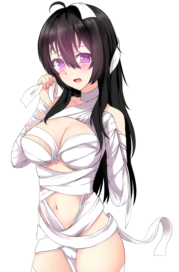 1girl ahoge bandages beifeng_han black_hair breasts hair_between_eyes hand_on_own_chest large_breasts long_hair looking_at_viewer miyaura_sanshio open_mouth original solo thighs violet_eyes