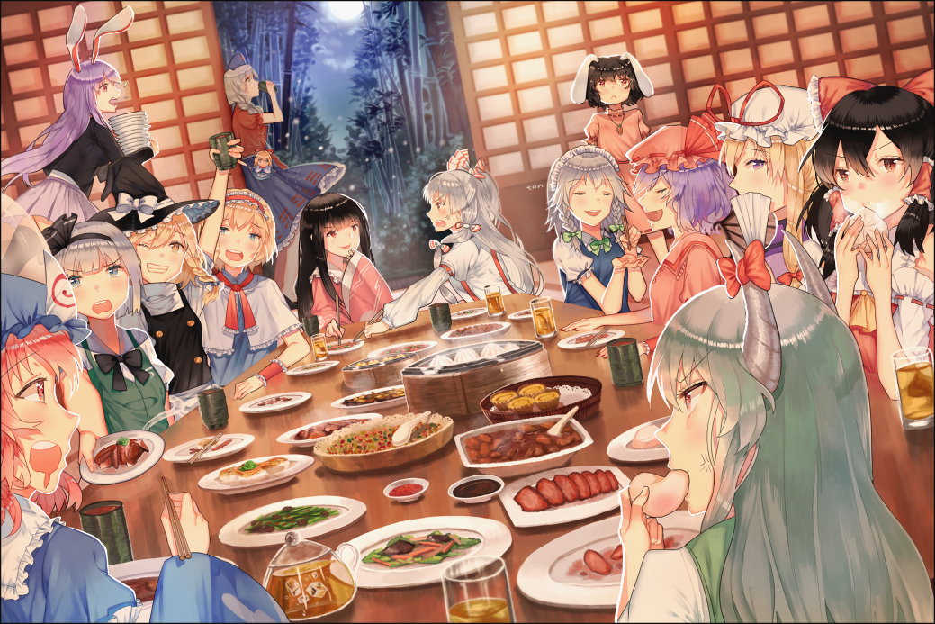 6+girls :&lt; :d against_door alice_margatroid anger_vein animal_ears annoyed bamboo bamboo_forest bamboo_steamer baozi black_hair blonde_hair blue_eyes braid capelet carrot_necklace carrying chopsticks closed_eyes covering_mouth cup drinking dutch_angle eating ex-keine fan feast feeding fireflies folding_fan food food_in_mouth forest fujiwara_no_mokou full_moon glass green_eyes grin hair_ribbon hair_tubes hairband hakurei_reimu hat hat_ribbon horn_ribbon horns houraisan_kaguya imperishable_night inaba_tewi indoors izayoi_sakuya kamishirasawa_keine kirisame_marisa konpaku_youmu konpaku_youmu_(ghost) lolita_hairband long_hair looking_at_another meat mob_cap moon moonlight multiple_girls nature night one_eye_closed open_door open_mouth pikuri pink_eyes pink_hair plate profile puffy_short_sleeves puffy_sleeves purple_hair rabbit_ears red_eyes reisen_udongein_inaba ribbon saigyouji_yuyuko shanghai_doll short_hair short_sleeves shouji side_glance sidelocks silver_hair sliding_doors smile suspenders table toast_(gesture) touhou tress_ribbon twin_braids violet_eyes wrist_cuffs yagokoro_eirin yakumo_yukari