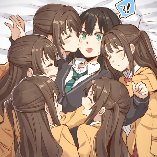 !? 6+girls :d ^_^ akni blazer blush brown_hair cardigan cheek_kiss closed_eyes green_eyes idolmaster idolmaster_cinderella_girls kiss long_hair lying multiple_girls multiple_persona necktie on_back on_bed one_side_up open_mouth pillow profile school_uniform shibuya_rin shimamura_uzuki sleeping smile striped striped_necktie surprised tears too_many yuri