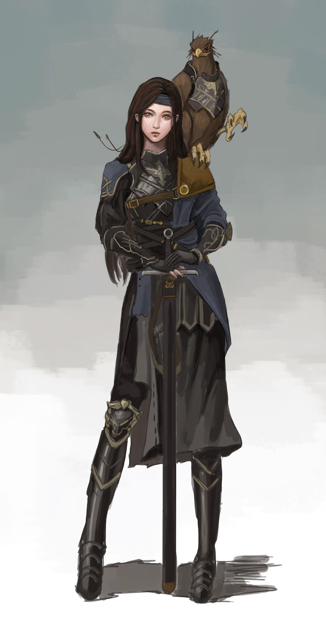 1girl animal_on_shoulder armor armored_animal bird_on_shoulder blue_eyes breastplate brown_hair ernesto_irawan faulds full_body greaves headband highres lips long_hair nose original partly_fingerless_gloves pauldrons planted_sword planted_weapon solo sword vambraces weapon