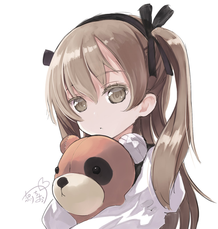 1girl brown_eyes brown_hair girls_und_panzer hairband hibanar hug shimada_arisu solo stuffed_animal stuffed_toy teddy_bear