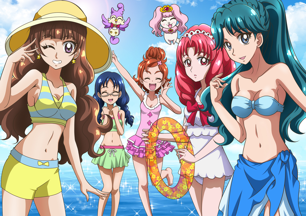 5girls :d akagi_towa amanogawa_kirara aroma_(go!_princess_precure) bikini bird black_hair blue_hair bow braid brown_hair closed_eyes clouds cowboy_shot crown_braid dog earrings eyebrows frills glasses go!_princess_precure green_bikini grin hairband hanzou haruno_haruka hat innertube jewelry kaidou_minami long_hair looking_at_viewer midriff multiple_girls nanase_yui navel one_eye_closed open_mouth pink_skirt precure puff_(go!_princess_precure) red_bow red_eyes redhead sarong short_hair shorts skirt sky smile star star_earrings swimsuit thick_eyebrows twin_braids violet_eyes water white_swimsuit