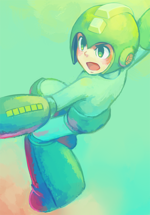 1boy android arm_cannon blush gradient gradient_background green_eyes helmet open_mouth rockman rockman_(character) rockman_(classic) solo weapon
