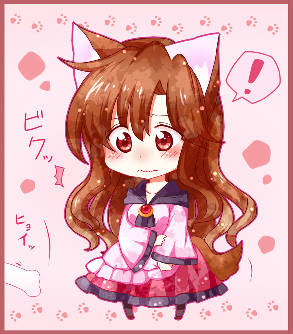 ! /\/\/\ 1girl animal_ears blush bone brooch brown_hair chibi collarbone dress imaizumi_kagerou jewelry kuroshiroduet long_sleeves red_eyes solo speech_bubble tail touhou translation_request wavy_mouth wide_sleeves wolf_ears wolf_tail