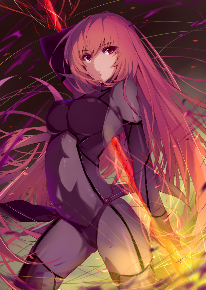 1girl bodysuit breasts covered_navel fate/grand_order fate_(series) gae_bolg long_hair pauldrons polearm purple_hair red_eyes saisarisu scathach_(fate/grand_order) solo weapon