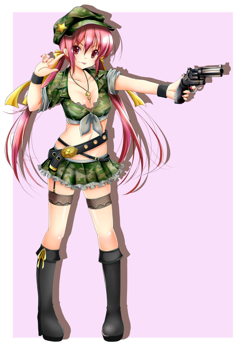 1girl belt breasts brown_eyes cleavage cross cross_necklace garter_straps green_skirt gun hair_ribbon hat holding_gun holding_weapon iname long_hair military navel original pink_hair pleated_skirt ribbon shirt skirt solo tied_shirt tongue tongue_out twintails weapon yellow_ribbon