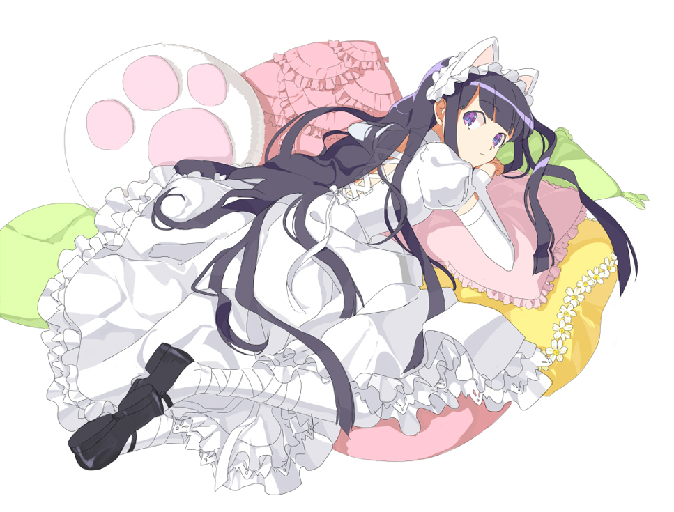 15 1girl animal_ears black_shoes cat_ears cross-laced_clothes detached_sleeves dress extra_ears frilled_dress frills full_body hairband hazuki_(tsukuyomi) lolita_fashion long_hair looking_back lying pillow puffy_short_sleeves puffy_sleeves purple_hair ribbon shoes short_sleeves sleeves_past_wrists solo sweet_lolita tsukuyomi_moonphase very_long_hair violet_eyes white_background white_dress white_ribbon