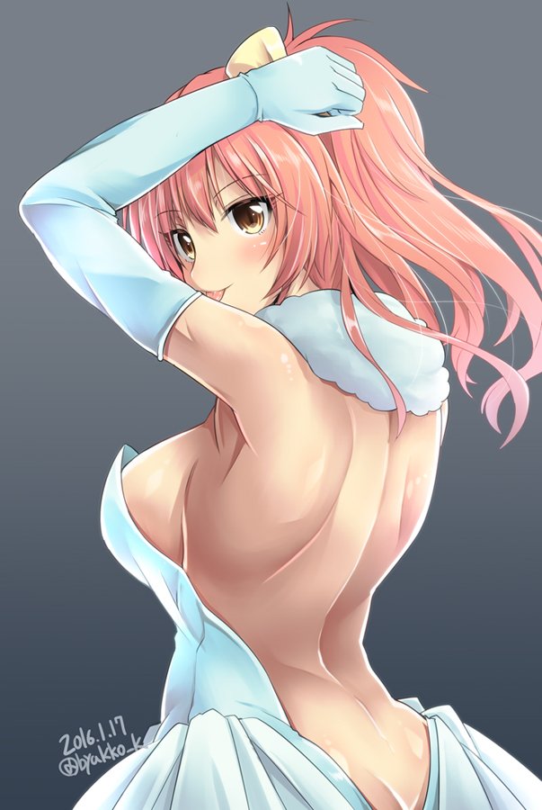 1girl ass bare_back blush bow butt_crack elbow_gloves gloves hair_bow idolmaster idolmaster_cinderella_girls jougasaki_mika kirisaki_byakko long_hair open_mouth pink_hair pure_white_memories smile solo yellow_eyes