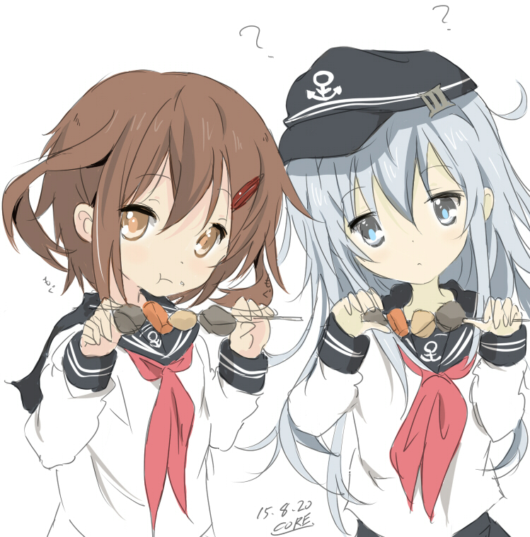 2girls ? anchor_symbol blue_eyes brown_eyes brown_hair core_(mayomayo) eating flat_cap food food_on_face hair_ornament hairclip hat hibiki_(kantai_collection) ikazuchi_(kantai_collection) kantai_collection long_hair multiple_girls school_uniform serafuku short_hair silver_hair skewer