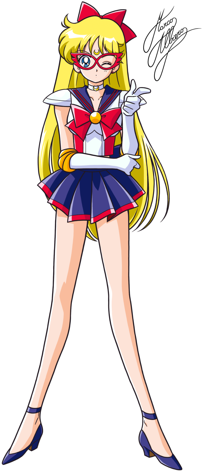 1girl aino_minako bishoujo_senshi_sailor_moon blonde_hair blue_eyes blue_shoes blue_skirt bow choker crescent elbow_gloves facial_mark forehead_mark full_body gloves hair_bow highres long_hair magical_girl marco_albiero mask one_eye_closed pleated_skirt pointing red_bow sailor_collar sailor_v shoes shoulder_pads signature skirt solo standing white_background white_gloves