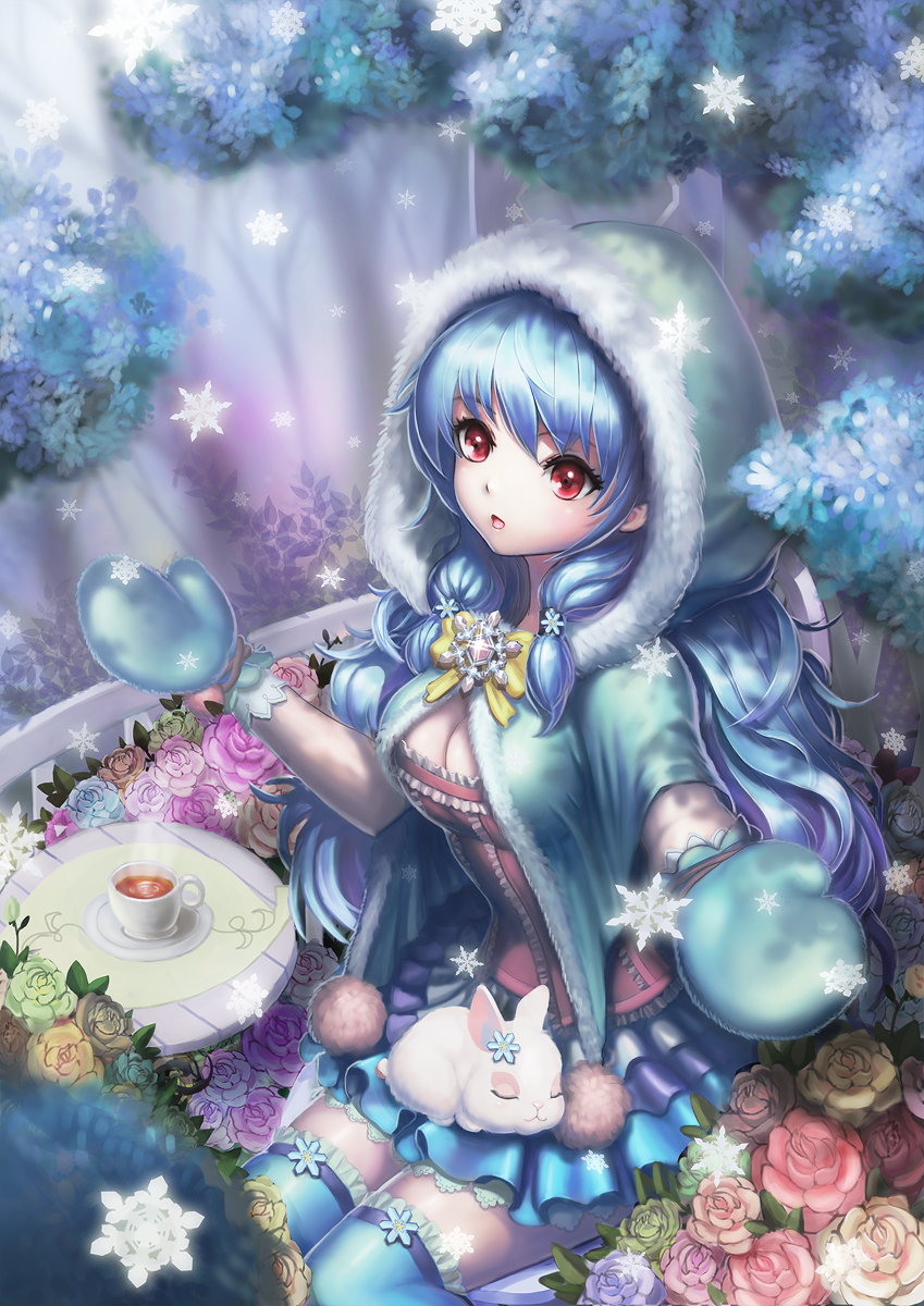 balcony blue_hair breasts bush character_request cleavage corset cup flower highres hood hooded_jacket jacket looking_at_viewer mittens rabbit red_eyes rose sitting skirt snowflakes snowing sword_girls table tea teacup thigh-highs zettai_ryouiki