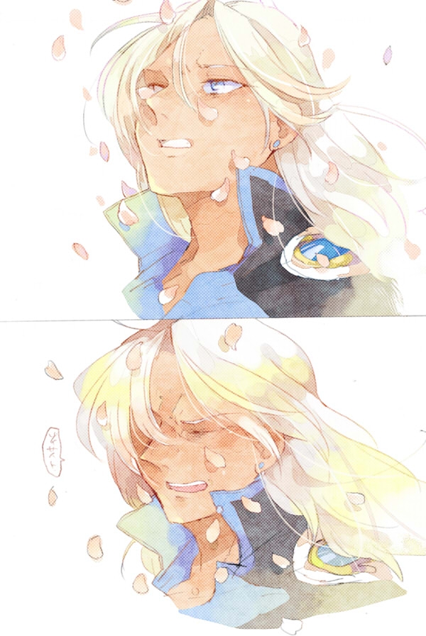 1boy bishoujo_senshi_sailor_moon clenched_teeth closed_eyes dark_skin ear_studs earrings face jewelry kunzite_(sailor_moon) looking_up lycoriscoris0813_(12) male_focus petals platinum_blonde popped_collar solo translation_request white_hair